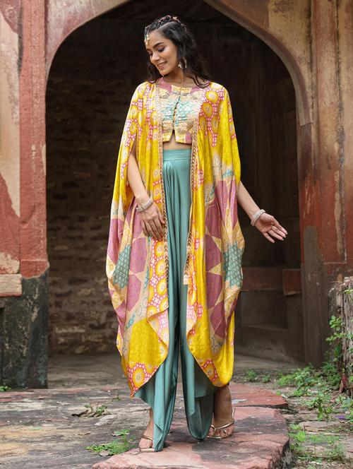 multi colored crop top & palaazo set with shrug - 20364995 - Very Small Image - 1