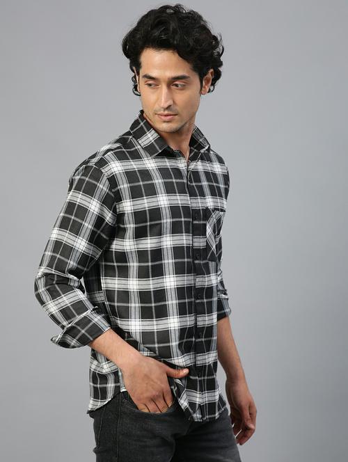 men black tartan checkered long sleeves casual shirt - 20365184 - Very Small Image - 1