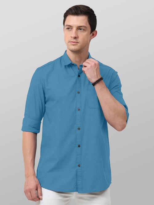 men solid blue cotton blend slim fit formal shirt - 20365281 - Very Small Image - 1