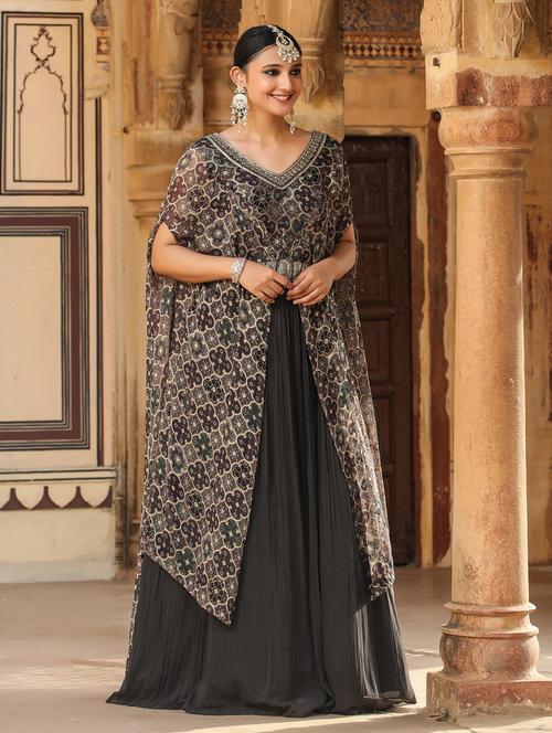 grey v neck ethnic dress - 20365372 - Very Small Image - 1
