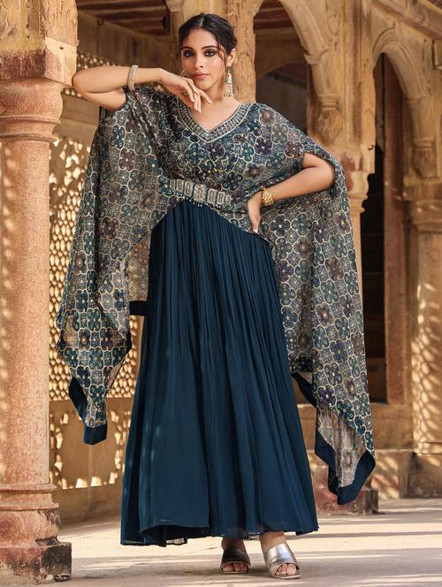 teal v neck ethnic dress - 20365373 - Very Small Image - 1