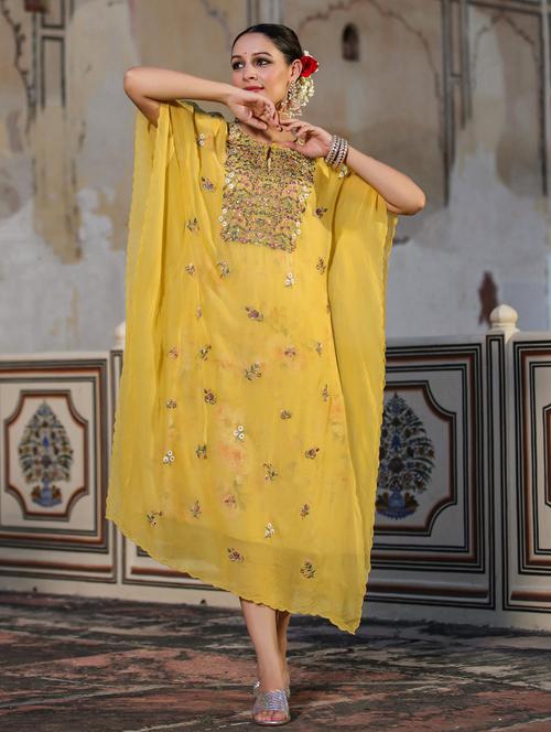 yellow solid with work kaftan ethnic dress - 20365387 - Very Small Image - 1