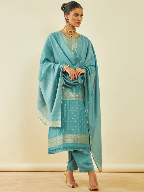 women light blue round neck kurta pant set with dupatta - 20365854 - Very Small Image - 1