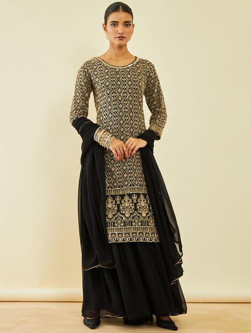 women black round neck kurta sharara set with dupatta - 20365900 - Very Small Image - 1