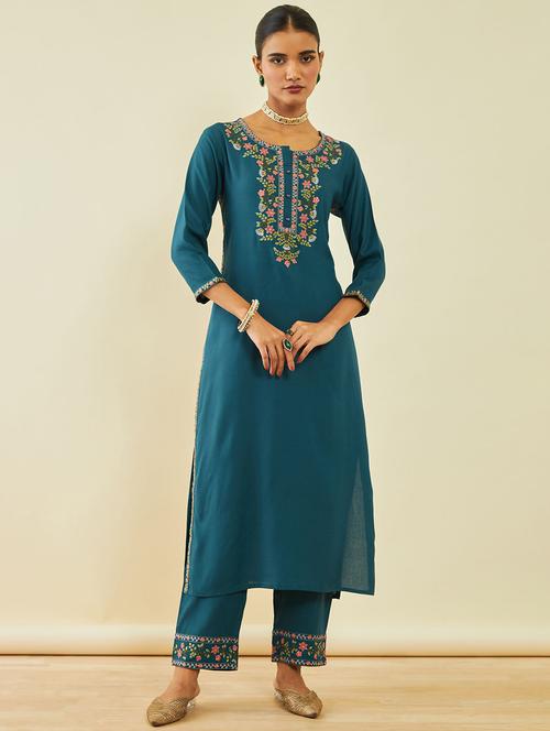 teal three quarter sleeve kurta pant set - 20365936 - Very Small Image - 1