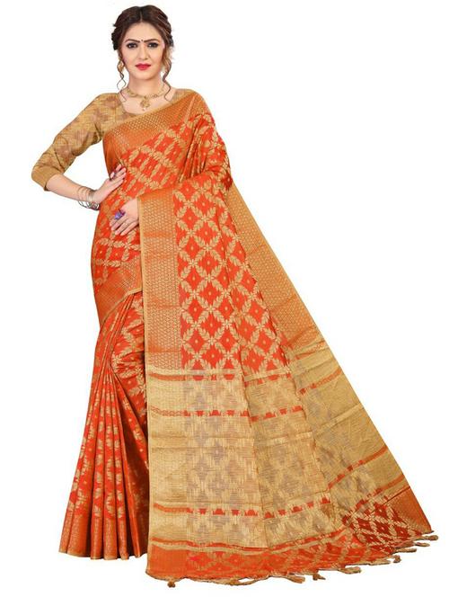 orange jacquard kanjivaram saree with blouse - 20368997 - Very Small Image - 1