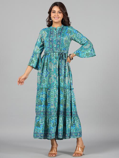 turquoise printed tiered ethnic dress - 20369247 - Very Small Image - 1