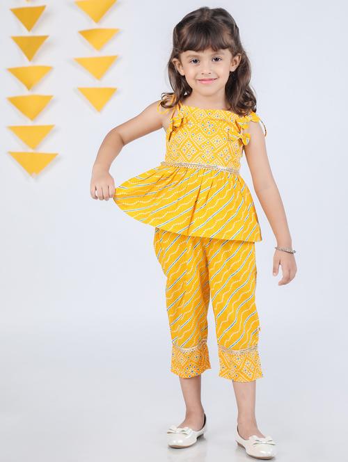 yellow bandhani print kurta pant set - 20369515 - Very Small Image - 1