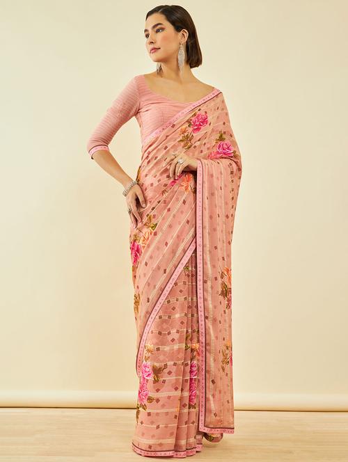 women's floral peach colored saree with blouse - 20369586 - Very Small Image - 1