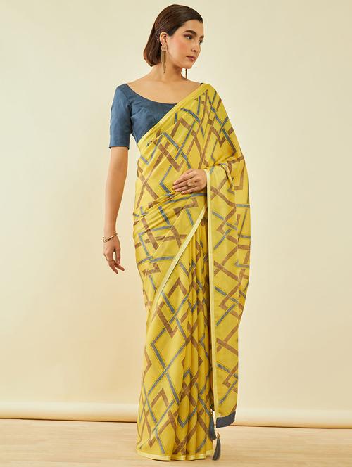 women's geometric mustard colored saree with blouse - 20369597 - Very Small Image - 1
