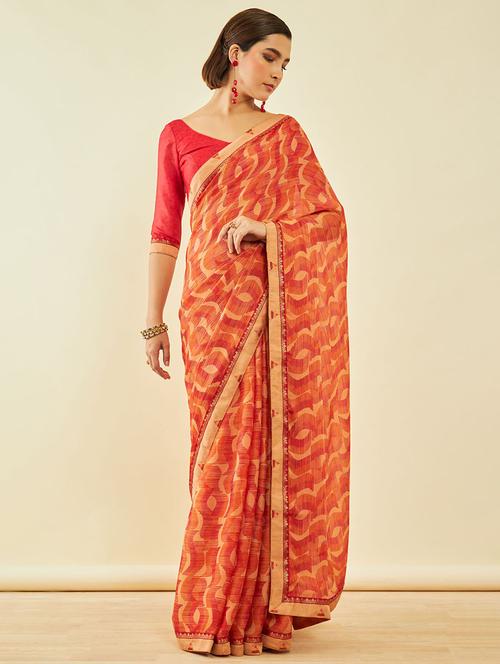 women's abstract orange colored saree with blouse - 20369600 - Very Small Image - 1