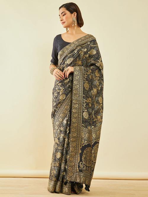 women's floral black colored saree with blouse - 20369615 - Very Small Image - 1