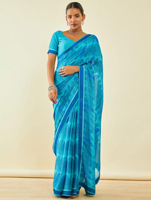 women's geometric turquoise colored saree with blouse - 20369635 - Very Small Image - 1