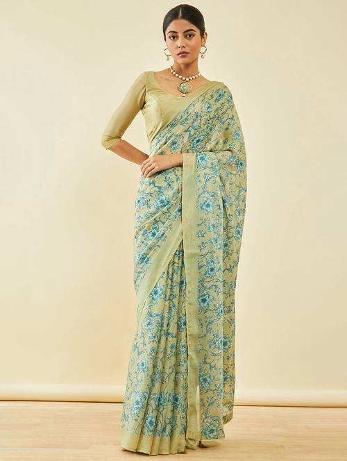 women's floral cream colored saree with blouse - 20369641 - Very Small Image - 1