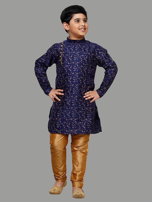 navy blue foil print mandarin neck kurta set - 20370148 - Very Small Image - 1