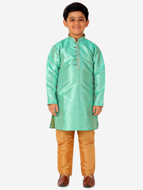 turquoise self designed mandarin neck kurta set - 20370176 - Very Small Image - 1