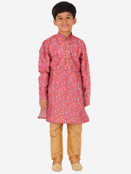 red floral print mandarin neck kurta set - 20370190 - Very Small Image - 1