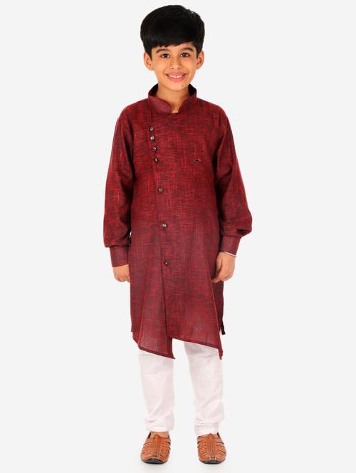 maroon solid mandarin neck kurta set - 20370219 - Very Small Image - 1