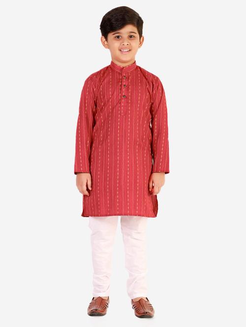 maroon striped mandarin neck kurta set - 20370373 - Very Small Image - 1