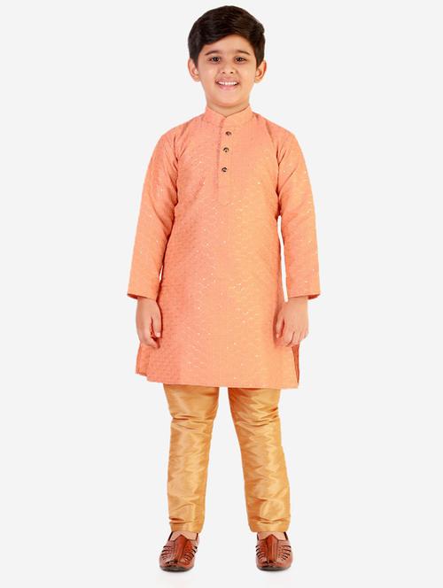 orange self designed mandarin neck kurta set - 20370393 - Very Small Image - 1