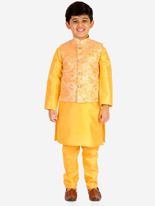 yellow self designed kurta set with nehru jacket - 20370419 - Very Small Image - 1
