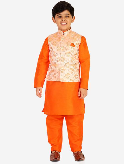 orange self designed kurta set with nehru jacket - 20370420 - Very Small Image - 1