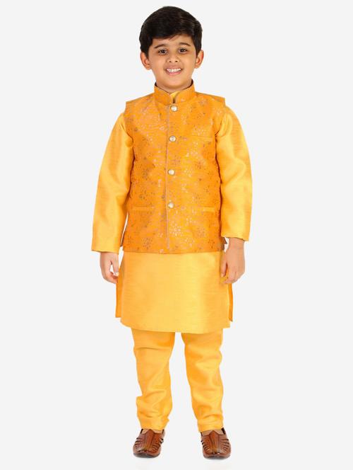 yellow self designed kurta set with nehru jacket - 20370422 - Very Small Image - 1