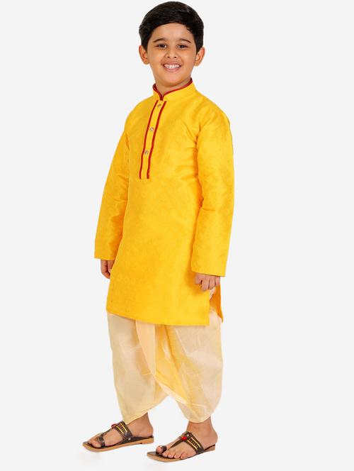 yellow self designed mandarin neck dhoti kurta set - 20370473 - Very Small Image - 1