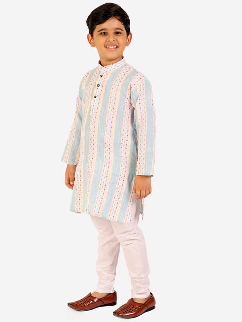 light blue striped mandarin neck kurta set - 20370540 - Very Small Image - 1