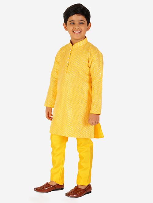 yellow self designed mandarin neck kurta set - 20370552 - Very Small Image - 1