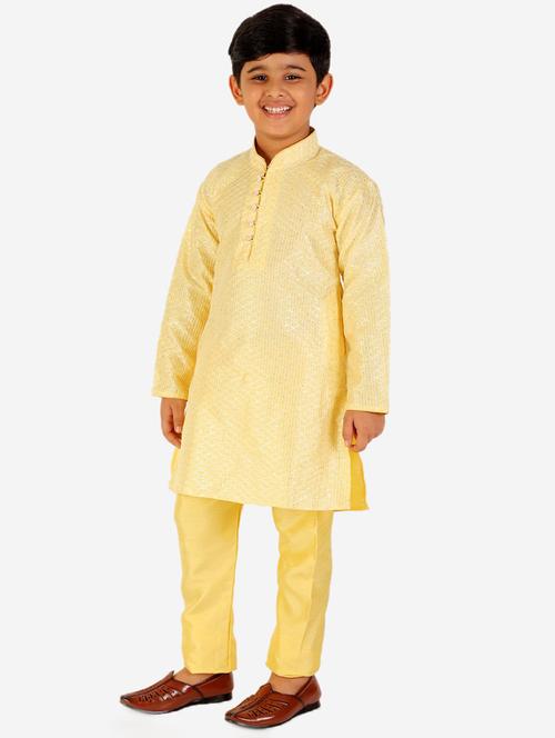 yellow self designed mandarin neck kurta set - 20370554 - Very Small Image - 1