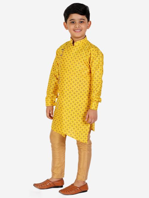 yellow self designed mandarin neck kurta set - 20370566 - Very Small Image - 1
