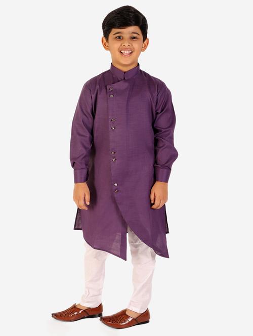 purple solid mandarin neck kurta set - 20370712 - Very Small Image - 1
