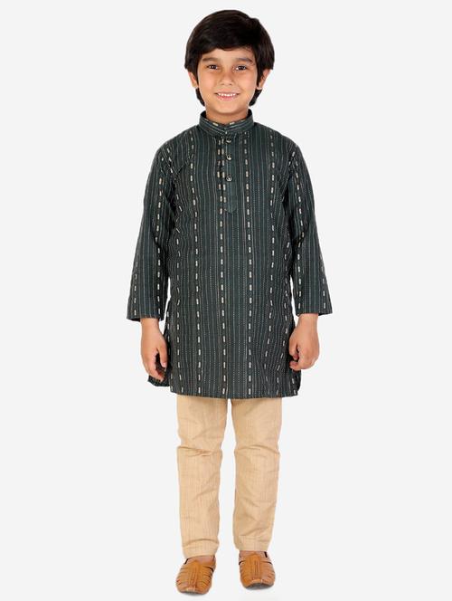 green striped mandarin neck kurta set - 20370724 - Very Small Image - 1