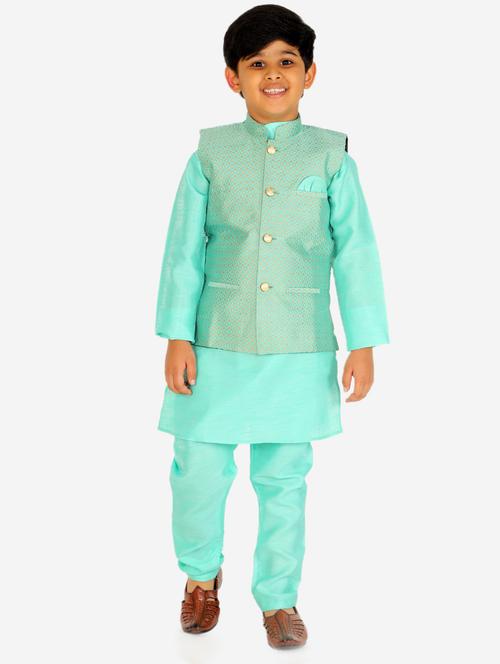 turquoise kurta set with self designed nehru jacket - 20370911 - Very Small Image - 1