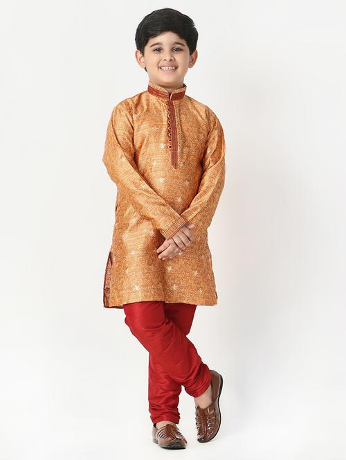 orange self designed mandarin neck kurta set - 20370936 - Very Small Image - 1
