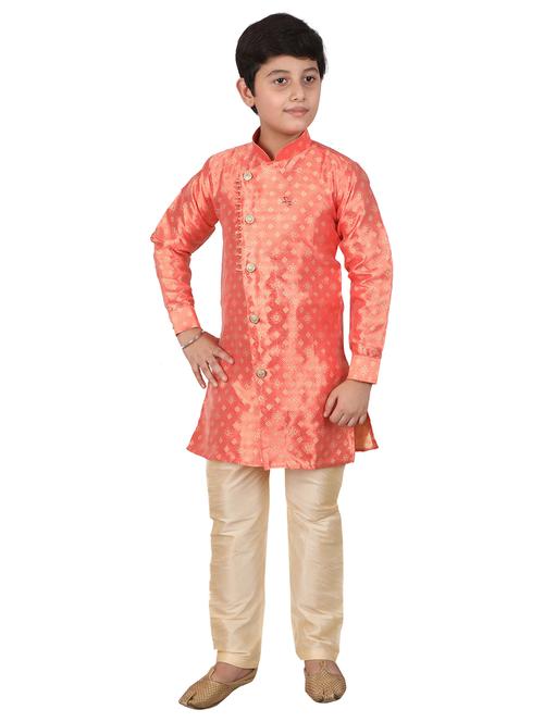 peach self designed mandarin neck kurta set - 20370950 - Very Small Image - 1