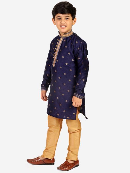 navy blue foil print mandarin neck kurta set - 20370963 - Very Small Image - 1