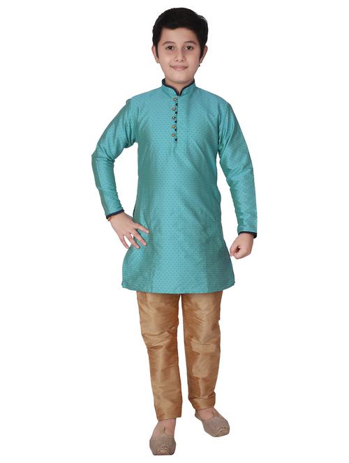 turquoise self designed mandarin neck kurta set - 20371006 - Very Small Image - 1
