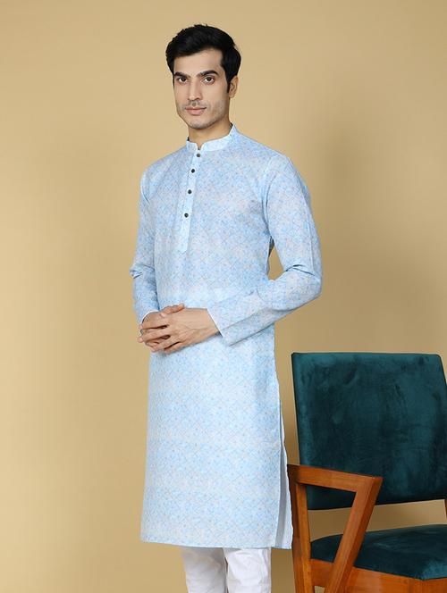 men blue ethnic motif printed cotton long kurta - 20372755 - Very Small Image - 1