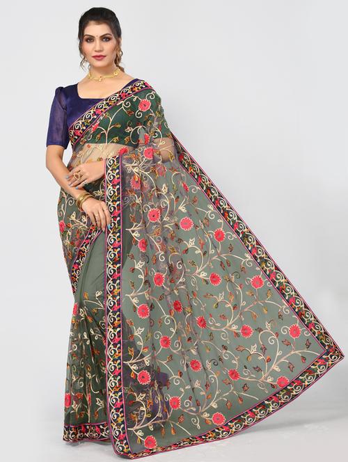 soft net floral embroidered saree with blouse - 20373199 - Very Small Image - 1