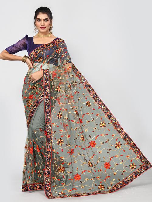 women grey embroidered net saree with blouse - 20373214 - Very Small Image - 1