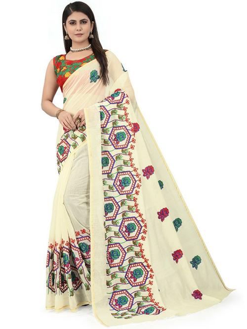 women cream embroidered saree with blouse - 20373243 - Very Small Image - 1