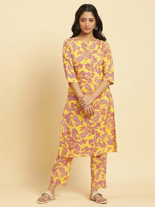 women yellow floral printed kurta pant set - 20375121 - Very Small Image - 1