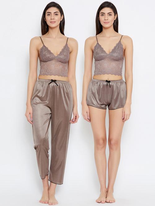 women brown satin pyjama and shorts nightwear set - 20375750 - Very Small Image - 1