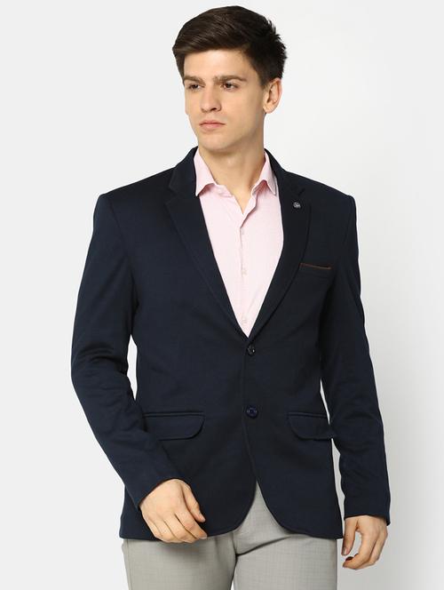 men solid navy blue cotton single breasted casual blazer - 20375969 - Very Small Image - 1