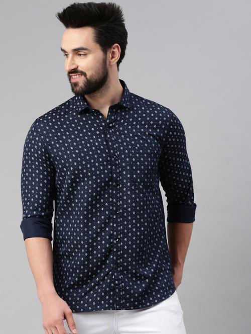 navy blue printed long sleeves casual shirt - 20376393 - Very Small Image - 1