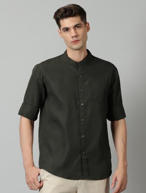 olive solid long sleeves casual shirt - 20376410 - Very Small Image - 1