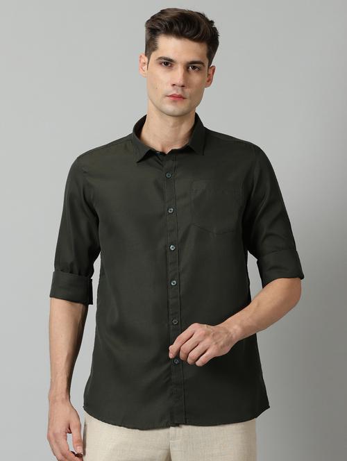 olive solid long sleeves casual shirt - 20376411 - Very Small Image - 1