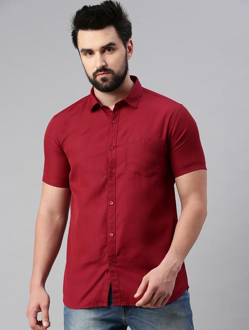 maroon solid short sleeves casual shirt - 20376424 - Very Small Image - 1